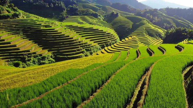Lush green rice terraces cascading across balinese hillside, revealing intricate agricultural patterns and natural beauty of indonesia's iconic farming landscape in serene slow motion