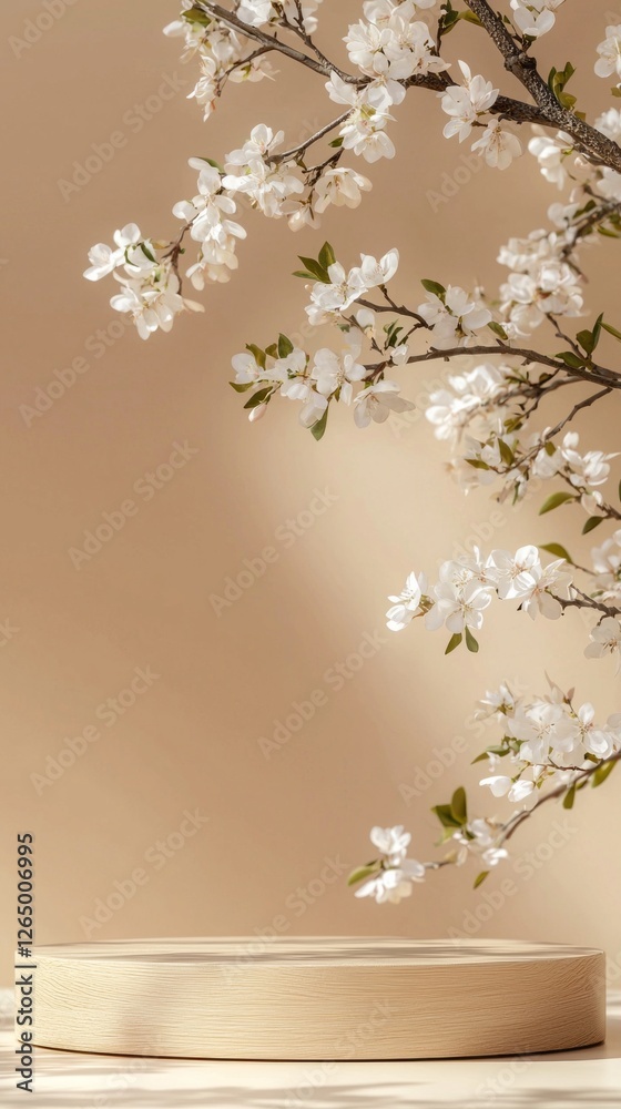 Poster an empty wooden podium is elegantly positioned in front of a gentle beige backdrop, embellished with