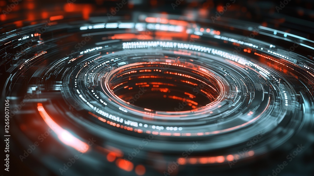Poster cybersecurity concept image with a digital shield protecting data streams.