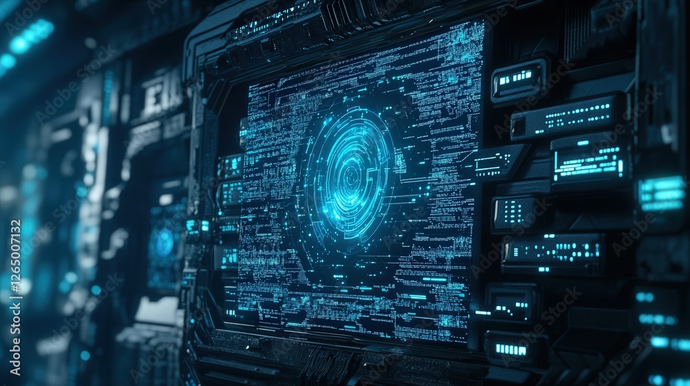 Poster cybersecurity concept image with a digital shield protecting data streams.