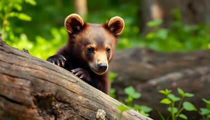 a small brown bear sitting on top of a log