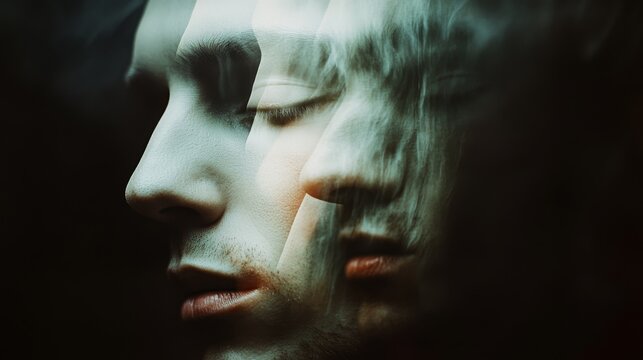 A surreal portrait shows a man's face in multiple exposures, conveying introspection and an ethereal mood.