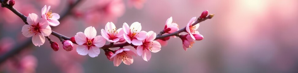 Fototapeta premium Delicate pink blossoms scattered along a slender white branch, spring, flowers, nature