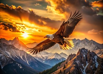 Obraz premium Majestic Eagle Soaring Above Mountain Peaks at Golden Hour