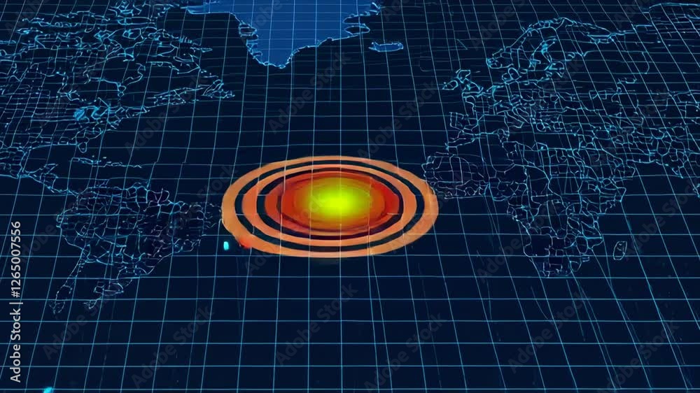Poster Seismic activity visualization revealing expanding earthquake epicenter across world map, graphically demonstrating wave propagation and potential impact zones with dynamic color coded simulation