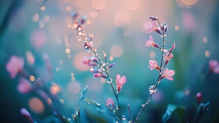 Delicate flowers with shimmering droplets glisten softly, creating a magical and dreamy scene of nature's elegance.