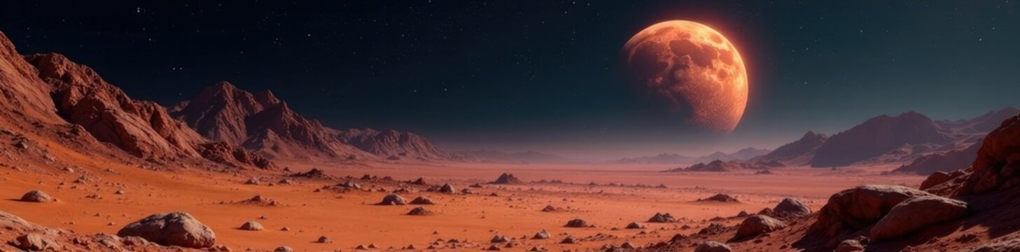 Deimos looming large over barren Martian terrain, dark, shadows