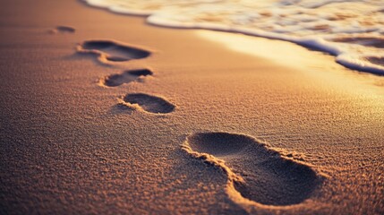 Footprints in golden sand lead away, kissed by gentle waves, embody a serene journey along a peaceful shore at sunset.