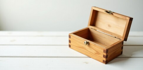 A small empty wooden box with a lid on a white wooden table, box, wood, simple
