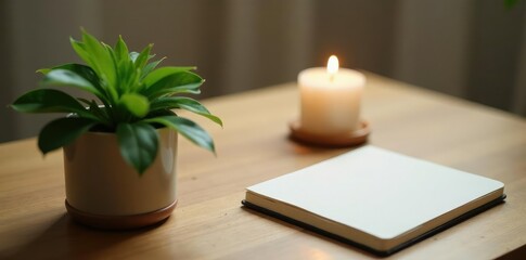 a small potted plant placed next to a candle on a wooden table with an adjacent empty notebook, elegant, delicate, plant