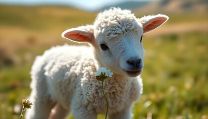 Fototapeta premium a baby lamb standing in a field of grass