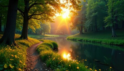 Obraz premium A peaceful forest with a winding path and a serene pond at sunset, tranquil atmosphere, natural wonders