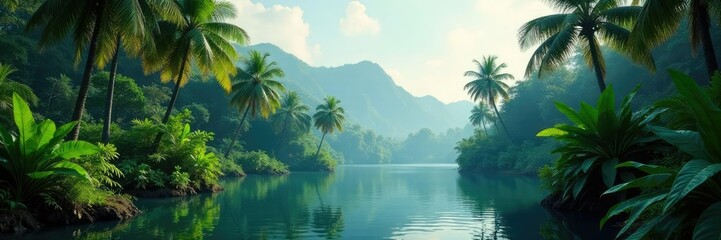 A lush embankment lined with palm trees and tropical plants near a lake, calmness, serene scene, jungle