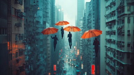 Figures with orange umbrellas float above a bustling city street, blending surrealism with urban life under a misty, atmospheric skyline.