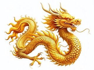 Fototapeta premium Majestic Golden Dragon on White: Chinese Mythology Creature Stock Photo