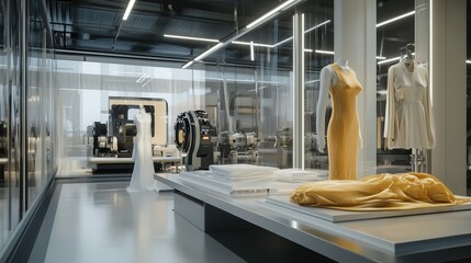 fashion design studio where AI assists in fabric innovation and automated tailoring.