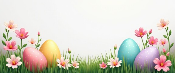 Vibrant Easter Scene: Three Colorful Eggs on White Background  Perfect Wallpaper and Poster Illustration. easter eggs and flowers on grass