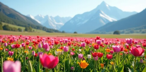 Obraz premium A field of blooming flowers with melting snow in the background, seasonal change, natural scene