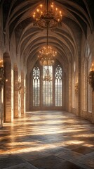 Obraz premium A grand and ornate hall with stone walls and floor, featuring arched windows and high ceilings, illuminated by natural light streaming through the glass panes.