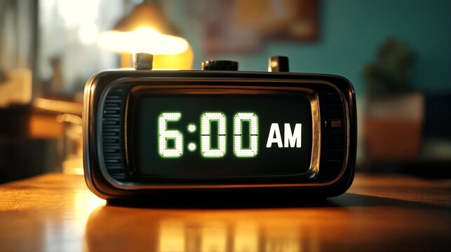 An alarm clock with an illuminated display showing 6am on a table.