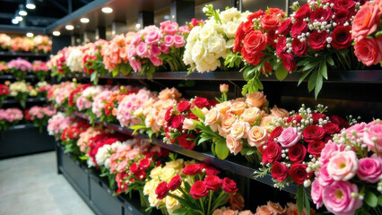 Fototapeta premium In the window of a flower shop, beautiful bouquets of flowers stand in vases. The concept of a women's holiday.