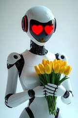 A robot with glowing heart eyes holding a bouquet of yellow tulips, symbolizing love and joy