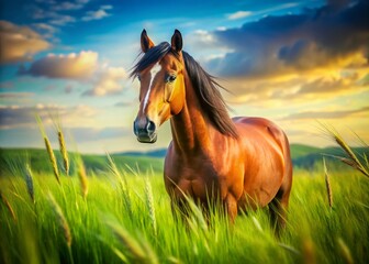 Obraz premium Majestic Horse Grazing in Lush Green Pasture - High-Resolution Stock Photo