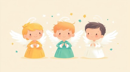 Cheerful Kids Dressed as Angels in Flat Depicting Celestial Imagery
