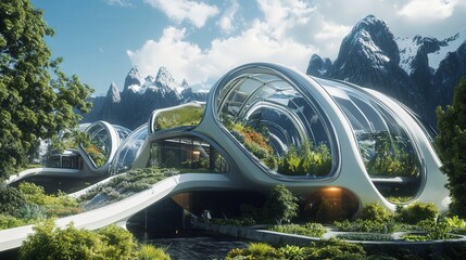 futuristic greenhouse that simulates multiple climates for growing exotic crops.