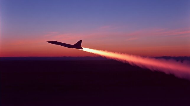 A futuristic jet ascends through a vivid twilight sky, leaving a glowing contrail, symbolizing speed, innovation, and the essence of modern aviation.