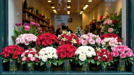 In the window of a flower shop, beautiful bouquets of flowers stand in vases. The concept of a women's holiday.