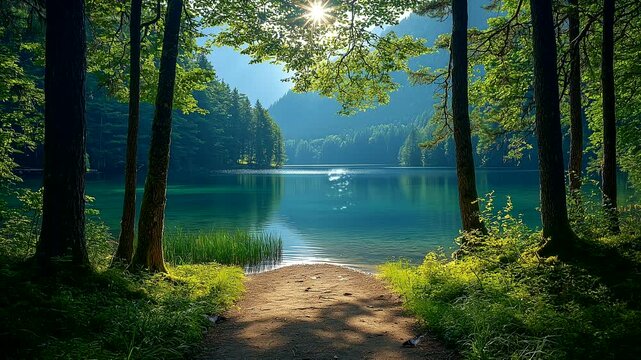 Forest path leading to crystal clear lake with sunlight. Seamless looping 4K time-lapse animation video background
