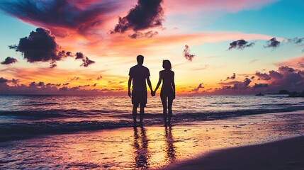 Fototapeta premium Couple silhouette holding hands in romantic place summer sunset vacation date photo.