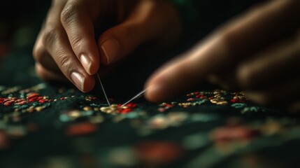 Hands deftly stitch vibrant designs into dark fabric, highlighting the precision and artistry needed for intricate embroidered creations.