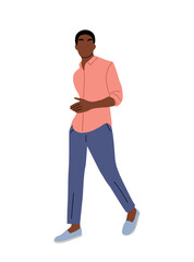 Black man in a pink shirt and blue pants is walking. Handsome african american guy wearing street style smart casual office clothes. Vector flat colorful illustration isolated