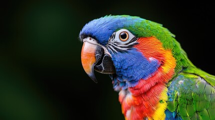 Naklejka premium Rainbow Lorikeet portrait, vibrant plumage, dark background, nature photography