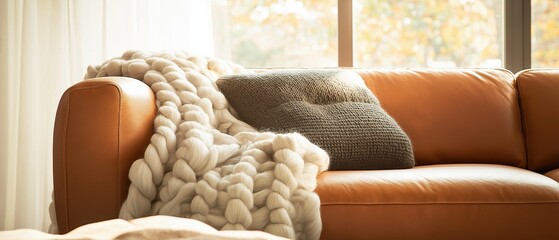 Cozy living room scene with a brown leather sofa in the foreground. on the sofa, there is a large knitted blanket in a light beige color draped over the armrests.