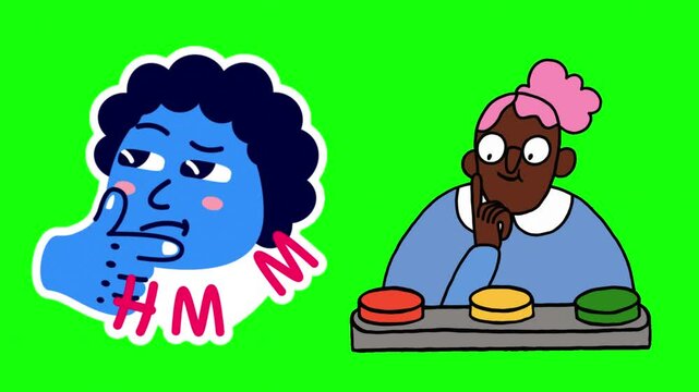 Woman choosing what button to push and man saying hmm sticker on green background
