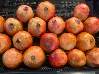 Several pomegranates are neatly laid out on a counter in a store
