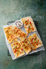 Chicken tart with pepper and chili sauce