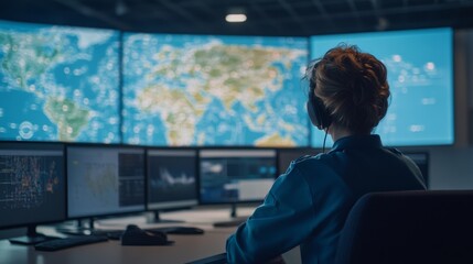A person monitors global data on large screens in a control room, highlighting connectivity and surveillance.
