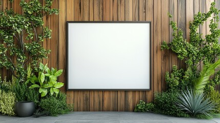 Modern Wall Art Display Surrounded by Lush Greenery and Wood Paneling