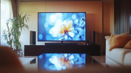 Fototapeta premium A vibrant entertainment room features a large TV displaying a vivid floral image, surrounded by plush seating and contemporary decor.