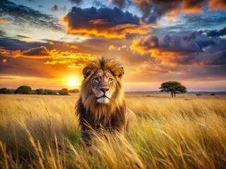 Majestic Lion at Sunset: Panoramic African Savannah Wildlife Photography
