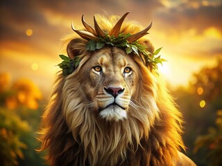 Fototapeta premium Majestic Lion Crowned with Laurels: A Symbol of Triumph and Royal Power