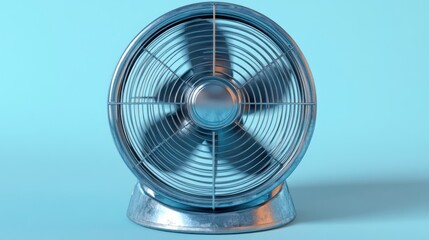 Cool Breeze: A Metallic Desk Fan Against a Light Blue Background