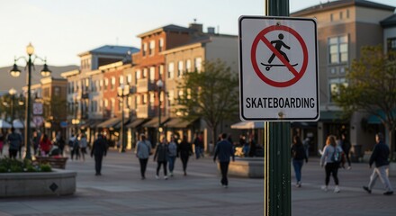 Fototapeta premium No Skateboarding Sign on Busy Pedestrian Street at Sunset