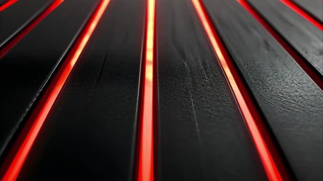 Close-up of a textured black surface with illuminated red lines running parallel, creating a striking visual contrast.