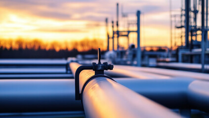 Large industrial area multiple pipes valves are arranged district heating