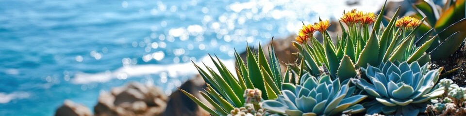 Fototapeta premium Vibrant coastal succulents overlooking a sparkling ocean with blue waters